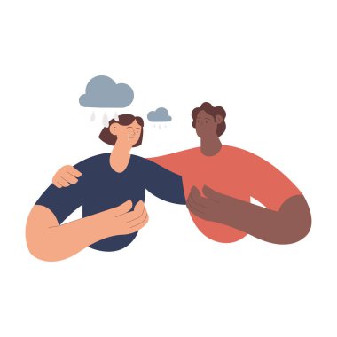 Empati ve arkadaşlık kavramı. Erkek, üzgün arkadaşını teselli ediyor. Yağmur bulutları. Adam psikolojik sorunları olan kadınlara destek oluyor. Modern vektör düz resimleme