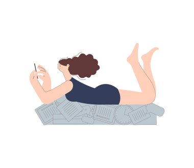 Erteleme konsepti. Telefonu olan kadın, dökümanların ve kırtasiyelerin üzerine yalan söylüyor. Ofis çalışanı vaktini geciktirmeye harcıyor. Modern vektör düz resimleme