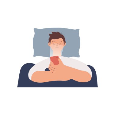 Genç adam uykusuzluktan muzdarip. Zihinsel sorunlar. Yatakta uzanmış, cep telefonunu kullanan ve kaydıran bir erkek rahatlamaz. Modern vektör illüstrasyonu beyaz arkaplanda izole edildi