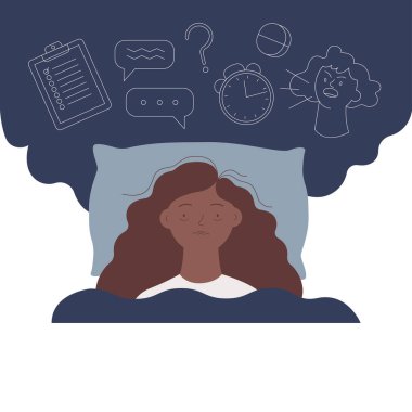 Genç kadın uykusuzluktan muzdarip. Zihinsel sorunlar. Yatakta yatan, teslim tarihlerini, iş günlerini, üzgün günlerini düşünen bir kız. Rahatlayamaz. Modern vektör illüstrasyonu beyaz arkaplanda izole edildi