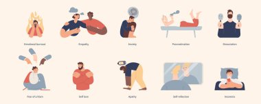 Akıl sağlığı ve psikoloji konsept koleksiyonu. Farklı akıl sağlığı sorunları, psikolojik bozukluklar. Modern vektör çizimleri.