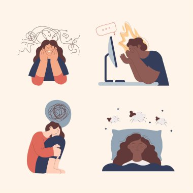 Zihinsel bozukluk koleksiyonu. Anksiyete, duygusal yanma sendromu, depresyon, uykusuzluk. Modern düz vektör illüstrasyonu