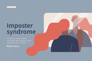 Sahtekar sendromu konsepti web sitesi. Zihinsel psikolojik bozukluk. Şüphe, özgüven eksikliği. Yetenekleri şüpheli bir kadın, aynaya bakan yetenekler. Modern vektör illüstrasyonu