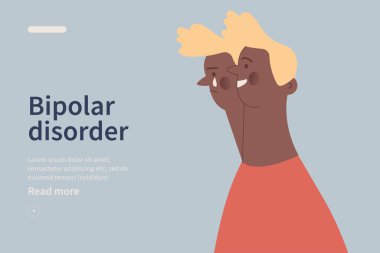 Bipolar bozukluk web sitesi konsepti. Bipolar bozukluk, psikolojik hastalıklar, şizofreni geçiren genç bir adam. Mutlu genç adam, arkasında hayalet üzgün ikiz. Modern düz vektör illüstrasyonu.