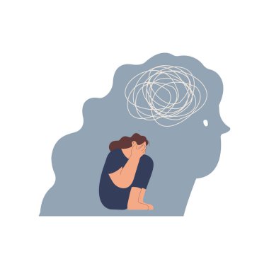 Kapana kısılmış hissediyorum. Korkular. Bunalımlı ve bitkin bir kadın. Genç kadın kapana kısılmış hissediyor. Modern düz vektör illüstrasyonu