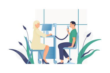 Spirometri. Modern Düz Vektör İllüstrasyonu. Laboratuvarda veya Ofiste Erkek Hasta Spirometri Uzmanı. Web Sitesi Sancak Şablonu.