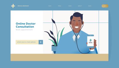 Çevrimiçi Doktor Danışmanlık. Stethoscope Hold Smartphone 'da tıp uzmanıyım. Modern Düz Vektör İllüstrasyonu. İnternet sitesi afişi. Sosyal Ortam Şablonu.
