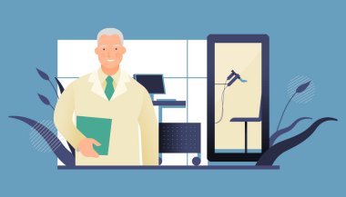 Erkek Doktor Akciğer Testi Ekipmanı 'nın yanında duruyor. Tıp bürosunda ya da laboratuvarda pletismografi. Solunum hastalıkları. Modern Düz Vektör İllüstrasyonu. Web Sitesi Afişi, İniş Sayfası Şablonu.