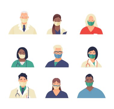 Sağlık sigortası. En iyi doktorlar. Modern Düz Vektör Tasviri. Maskeler konusunda uzmanlar. Doktorlar ve Hemşireler Portreleri, Doktorlar Takımı.