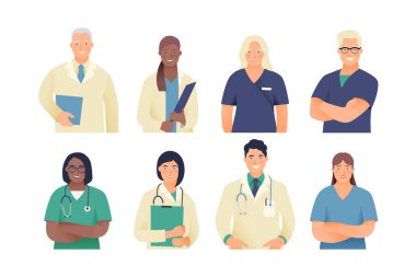 Sağlık sigortası. En iyi doktorlar. Modern Düz Vektör Tasviri. Tıbbi uzmanlar. Doktorlar ve Hemşireler Portreleri, Doktorlar Takımı.