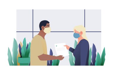 Teşhisler ve Tedavi. Tıbbi Uzman ve Maske Hastası Soyut Arkaplan 'daki Tıbbi Ofis Kağıt Çarşafı. Modern Düz Vektör İllüstrasyonu. Sosyal Ortam Şablonu.