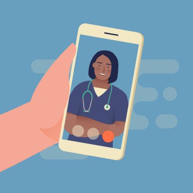 Sağlık sigortası. Akıllı Telefonun Ekranında Kadın Doktorla El Tutma Smartphone 'unun Modern Düz Vektör İllüzyonu. Tıbbi Randevu Aygıt Konsepti ile Çevrimiçi.