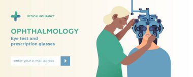 Oftalmoloji. Göz Testi ve Reçeteli Gözlük. Phoropter 'lı Kadın Tıbbi Uzman ve Hasta. Modern Düz Vektör İllüstrasyonu. İnternet sitesi afişi. Sosyal Ortam Şablonu.