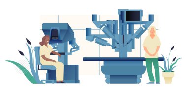 Robot Cerrahi Destek Sistemi. Tıbbi teçhizat. Kadın Tıp Uzmanı ve Laboratuvarda Hemşire. Modern Düz Vektör İllüstrasyonu. İniş Sayfası Tasarım Şablonu. Web Sitesi Afişi.