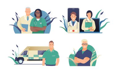 Modern Daire Sağlık Sigortası İllüstrasyonları. Tıbbi Uzmanlar, Teletıp, Çağrı Merkezi, Ambulans Taşımacılığı.
