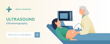Ultrasonografi prosedürü. Tıbbi Ofiste ya da Laboratuvarda Hasta Muayene Eden Hamile Kadın. Modern Düz Vektör Tasviri. İniş Sayfası Tasarım Şablonu. Web Sitesi Afişi.