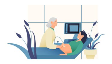 Ultrasonografi prosedürü. Tıbbi Ofiste ya da Laboratuvarda Hasta Muayene Eden Hamile Kadın. Modern Düz Vektör Tasviri. İniş Sayfası Tasarım Şablonu. Web Sitesi Afişi.