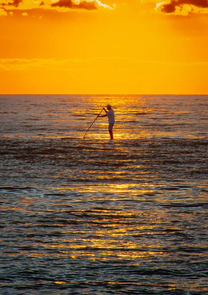 Paddleboarder Ocean Sunrise Sunset Orange Sky — Stock Photo, Image