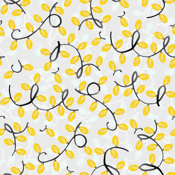 黄色の電球ガーランドお祝いの水彩シームレスパターン デザインやイラストを飾るためのテンプレート — ストック写真
