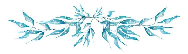 Stock image Border of blue branches of mistletoe watercolor. Template for decorating designs and illustrations.