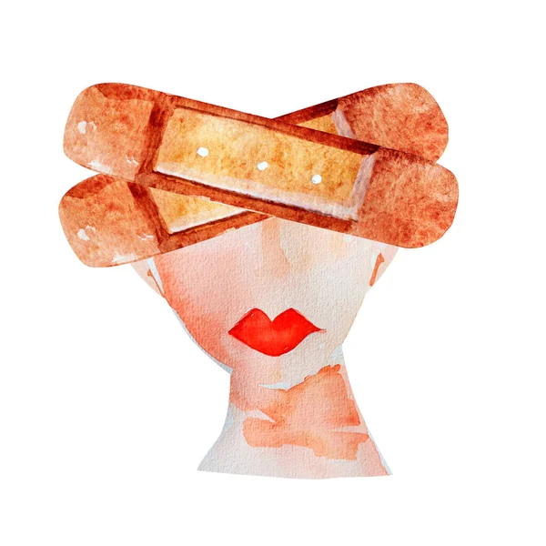 Abstrakcyjna Kobieta Twarz Czerwonymi Ustami Tynkowane Oczy Akwarela Ilustracja Szablon — Zdjęcie stockowe