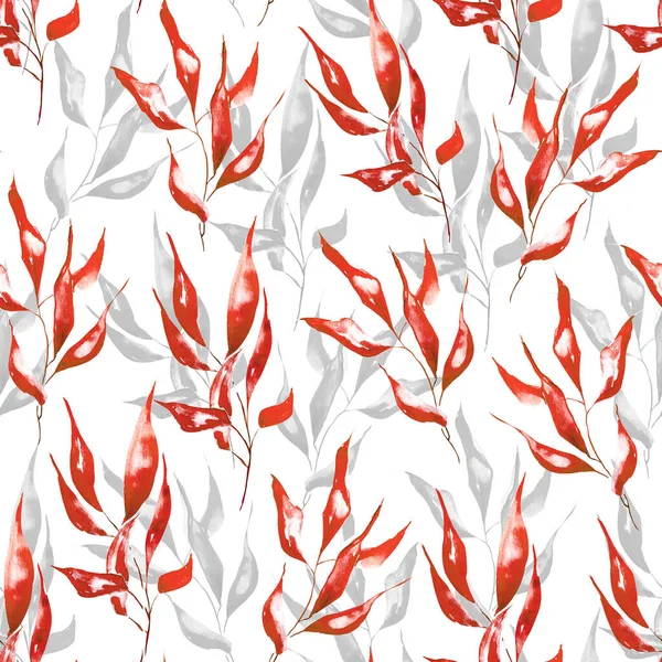 Красная Серая Ветви Листьями Акварелью Бесшовный Узор Шаблон Оформления Дизайнов — стоковое фото