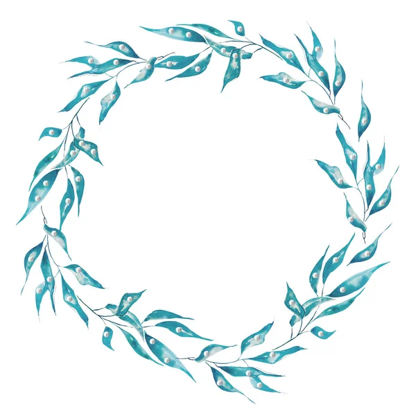 Wreath Mistletoe Branches Blue Leaves Watercolor Template Decorating Designs Illustrations — Stock Photo, Image