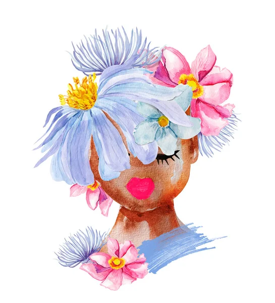 Kafasında Çiçek Çelengi Olan Afro Amerikalı Kadın Suluboya Resimleriyle Tasarım — Stok fotoğraf