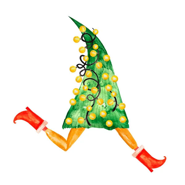 Árvore Natal Uma Grinalda Corre Botas Vermelhas Ilustração Aquarela Modelo — Fotografia de Stock