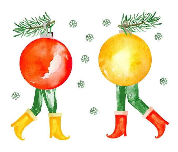 Χριστουγεννιάτικα Γυάλινα Παιχνίδια Μπότες Κολλάζ Εικονογράφηση Ακουαρέλα Πρότυπο Διακόσμησης Σχεδίων — Φωτογραφία Αρχείου