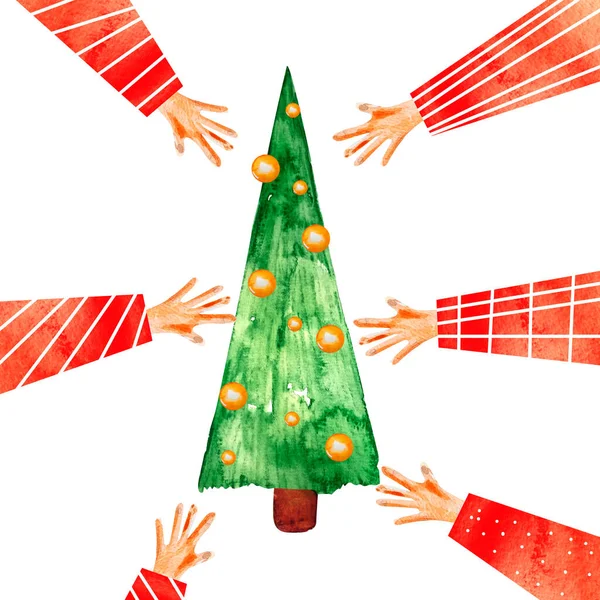 Mãos Com Mangas Vermelhas Chegando Para Árvore Natal Ilustração Aquarela — Fotografia de Stock