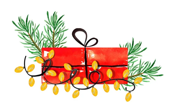 赤いギフトボックス ガーランド 松の枝水彩イラストのコラージュ デザインやイラストを飾るためのテンプレート — ストック写真