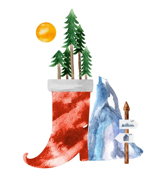 Κόκκινη Μπότα Δάσος Βουνά Δείκτη Υδατογραφία Εικονογράφηση Πρότυπο Διακόσμησης Σχεδίων — Φωτογραφία Αρχείου