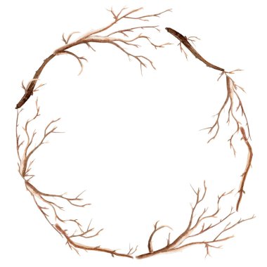 Wreath frame border of dry branches watercolor. Template for decorating designs and illustrations. clipart