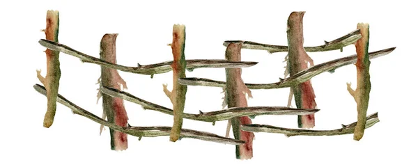乾燥した木の枝で作られた農村部のフェンスは 水彩イラスト デザインやイラストを飾るためのテンプレート — ストック写真