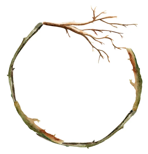 Suché Dřevo Větev Rám Věnec Ohraničení Akvarel Šablona Pro Zdobení — Stock fotografie
