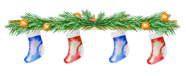 靴下とガーランド水彩でクリスマス暖炉の装飾のコラージュ デザインやイラストを飾るためのテンプレート — ストック写真