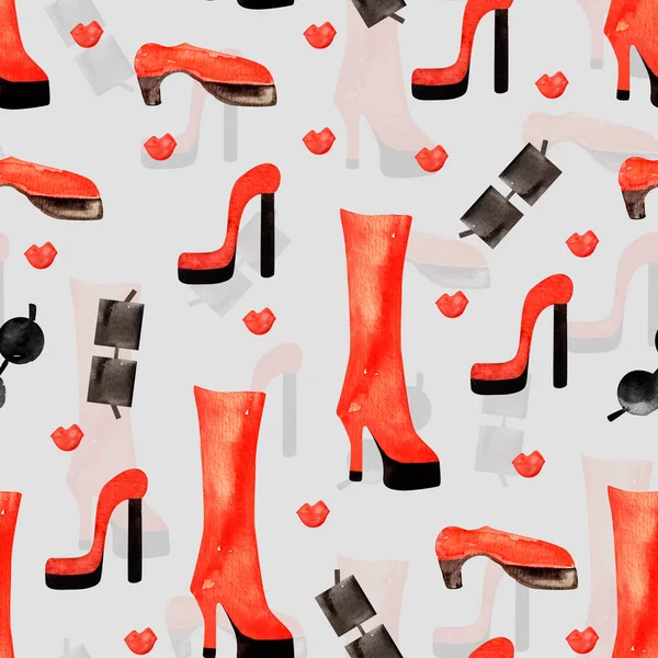 Kırmızı Ayakkabılar Botlar Sandaletler Güneş Gözlükleri Sulu Boya Desenleri Kırmızı — Stok fotoğraf