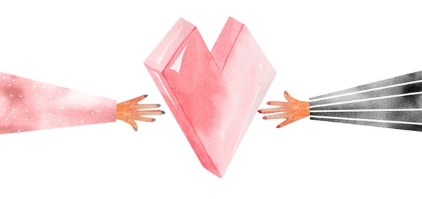 Twee Handen Reiken Naar Een Roze Liefde Hart Van Verschillende — Stockfoto