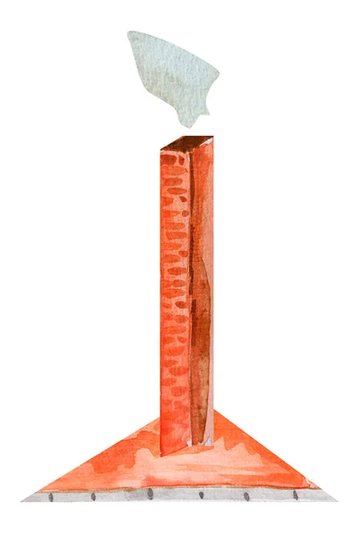Довгий Високий Димар Невеликих Червоних Цеглин Акварельній Ілюстрації Плиткового Даху — стокове фото