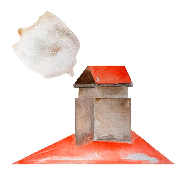 Димні Даху Будівлі Червоною Плиткою Акварельна Ілюстрація Архітектурний Елемент Дим — стокове фото