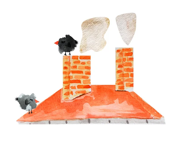 Two black crows sit on a red roof, watercolor smoke comes out of the chimney. Bird character. Elements of the house, building. Template for inserting into design, advertising, illustration.