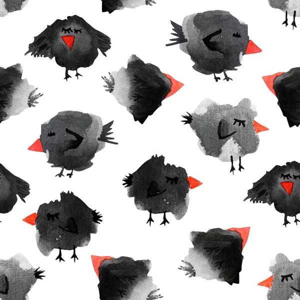Black raven in the form of a spot in different poses and angles watercolor seamless pattern. Black bird silhouette with red beak. Funny character.