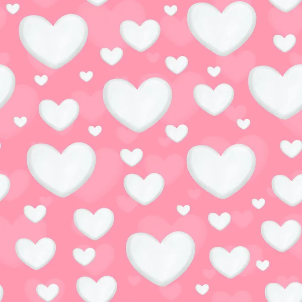 White Volumetric Heart Different Sizes Pink Background Watercolor Seamless Pattern — Stock Photo, Image