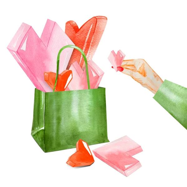 Volumetric hearts in a green bag. A hand in a green sleeve holds a pink heart. Watercolor illustration for advertising, article.