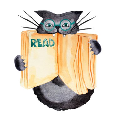 Kara kedi açık bir kitap tutuyor, suluboya çizimler. Reklamcılığa, makaleye, tasarıma giriş şablonu