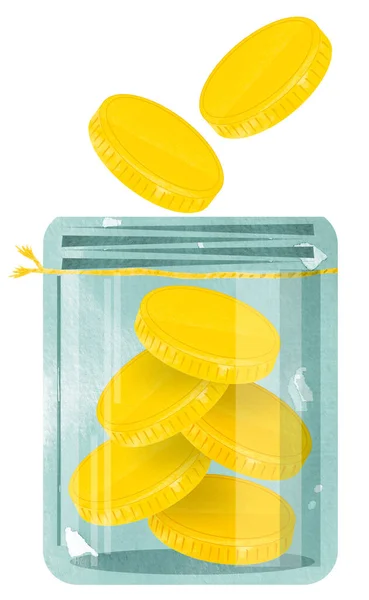 Monedas Oro Vidrio Azul Tarro Acuarela Ilustración Plantilla Para Insertar —  Fotos de Stock