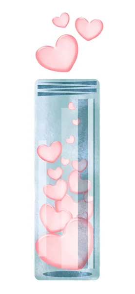 青いガラス瓶のフラスコの水彩画のイラストで心 デザインに挿入するためのテンプレート — ストック写真