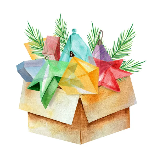 Caixa Papelão Com Decorações Geométricas Natal Ilustração Aquarela Ramo Abeto — Fotografia de Stock