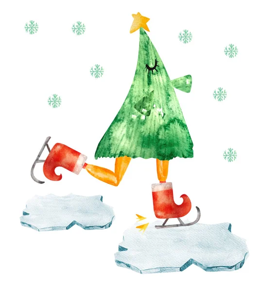 Weihnachtsbaum Mit Sternschlittschuhen Roten Eisschollen Aquarell Illustration Vorlage Zum Einfügen — Stockfoto